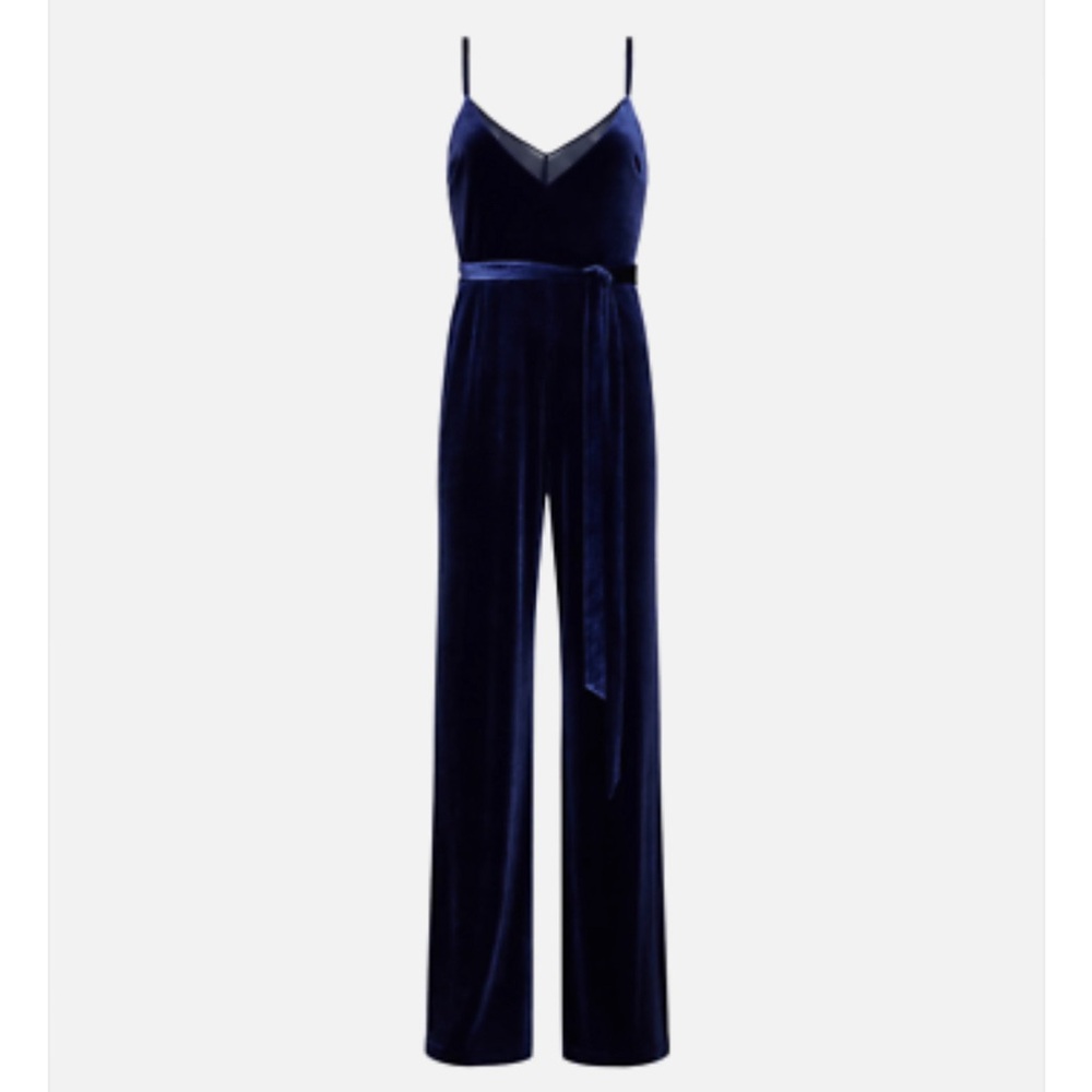 L’agance Justice belted chiffon-trimmed stretch-velvet jumpsuit size 14